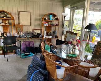 Rattan bookshelf unit with matching table and chairs. Tv,s and monitors, pillows, frames, lamps, vintage clocks. 