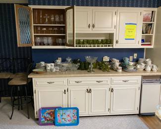 Fostoria. Cookbooks. Indiana Glass. Stools. Dish sets. Crystal drink ware. 