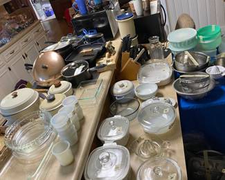 Corning ware. Tupperware. Pyrex bakeware. Pots and pans. Microwave ovens. 