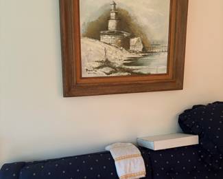 Vintage Framed Oil Painting Lighthouse Seascaoe Beach Scene