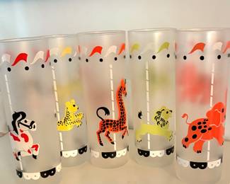 Vintage Libby Carousel Circus Animal
Glasses Frosted Set 5