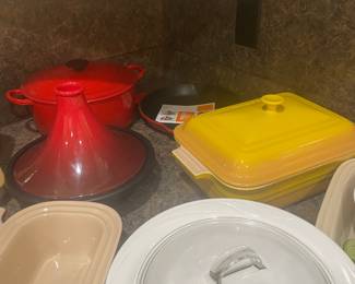 Le Creuset Dutch oven $100, Le Creuset Yellow casserole $100, LeCreuset Moroccan Tagine $100