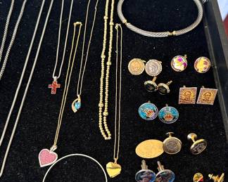 Decorated coin, cufflinks, gold, and sterling necklaces