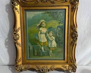 Antique Framed Painting of Two Children, Early 1900s