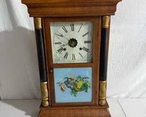 Antique 1860s Waterbury Clock Co. 8 Day and 30 Hour Weight Driven Mantle Clock with Reverse Painted Glass Cover Door