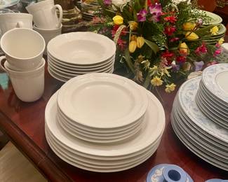 Dinnerware set, Wedgewood candle holders, floral arrangements
