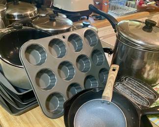 Cast iron skillets, frying pans, muffin pans