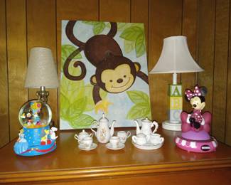 Monkey wall art for kids, Disney snowglobe 100th Anniversary, miniature tea sets, Minnie Mouse, lamps