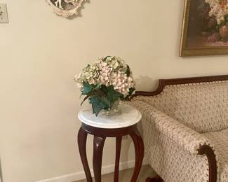 Wood plant stand with marble top, floral, Empire sofa