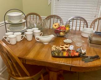 Lovely Wood Breakfast table with leaf and 6 windsor chairs, white dinnerware, napkin holders, Pyrex