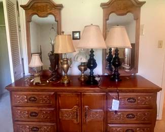 Triple dresser with twin mirrors, lamps