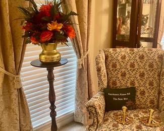 Tapestry covered wing back chair, wood plant stand