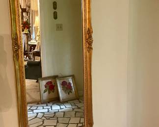 Large rectangle gold framed mirror with matching marble top table