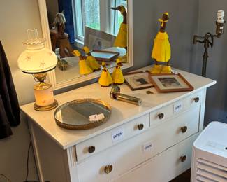 Dresser, Mirror, Vtg Lazy Susan Mirrored Tray, Brass Double Rotating Kaleidoscope, Frames, Rainy Wooden Duck Family 