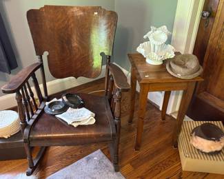  Wooden Rocking Chair, Wooden Side Table, VTG Fenton Milk Glass Horned Vase 