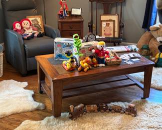 Fur Rugs, 1950's MasterCrafters Swinging Girl Clock, Wooden Coffee Table, Vintage Toys