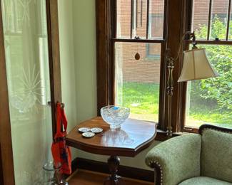 Brass Footed Parlor Table, Flower Coasters, Waterford Bowl, Large Vase, Floor Lamp