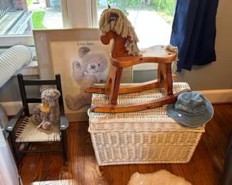 Wicker Basket, Wooden  Rocking Horse