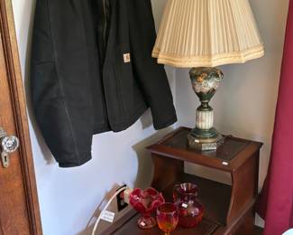 Wood Side Table, Vintage Glassware, Vintage Table Lamp, Carhartt Jacket