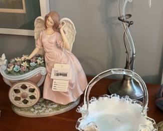Porcelain Flower Angel, Vintage Fenton Silvercrest Glass Basket 