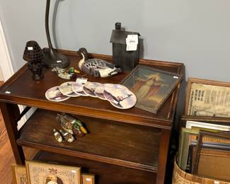 Wooden Duck Decoy, Wooden Rolling Cart, Wicket Baskets, Tin House Lamp