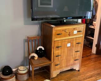 Fur Rug, Wooden Chair, Dresser, TV, Antique Art Deco dresser