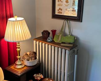 Side Table, Table Lamp, Vases, Purses 
