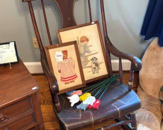 Rocking Chair, Hand Stitched Teddy Bear Art, Wooden Tulips