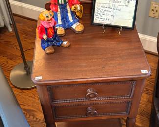 Wooden Side Table, Clown Figurines 