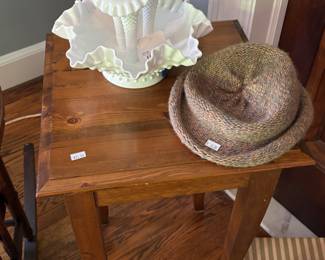 Wooden Side Table, VTG Fenton Milk Glass Horned Vase , Vintage Hats