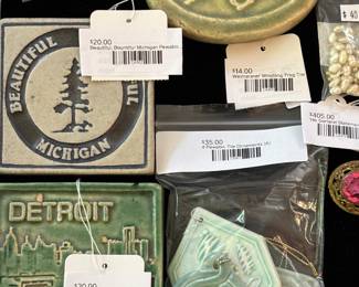 Detroit Skyline Pewabic Tile, 4 Pewabic Tile Ornaments (A)