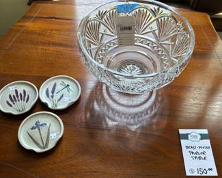 Brass Footed Parlor Table, Flower Coasters, Waterford Bowl