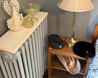 Wooden Side Table, Table Lamp, Vintage Glassware 