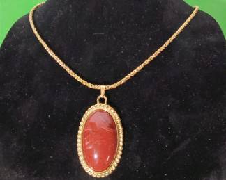Vintage 1980's Monet Gold And Red Cabochon Necklace