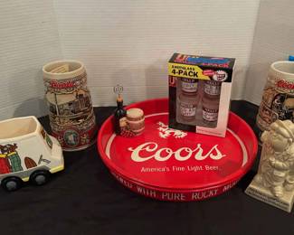 Coors Made In Brazil Beer Steins, Funny Shot glasses, 2 Coors Beer Trays And More