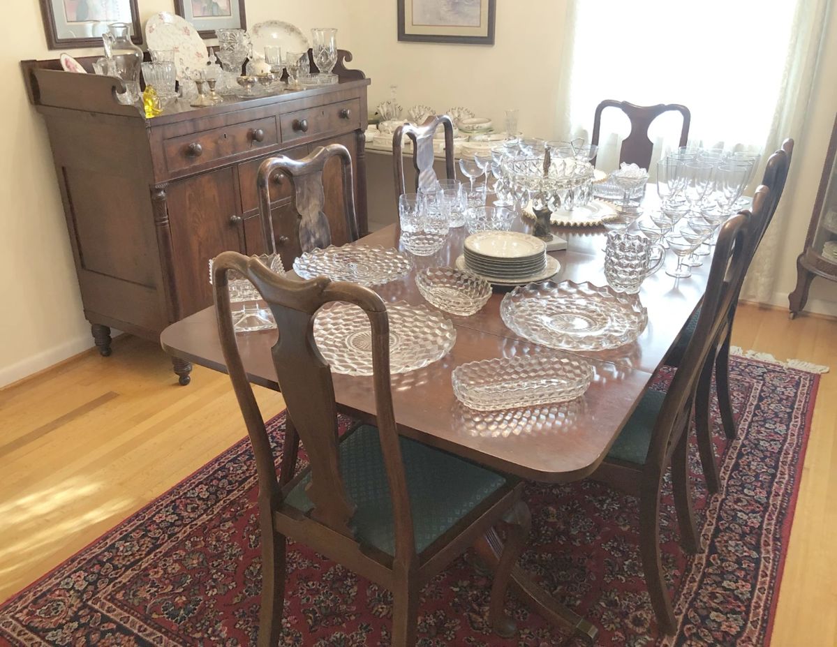 Beautiful Antique circa 1840 Buffet. Vintage Dining Room Table With 6 Chairs, Fostoria American Pieces.