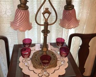 Antique Fenton Cranberry Swirl Shades Lamp. Canberry Cut to Clear Stems.