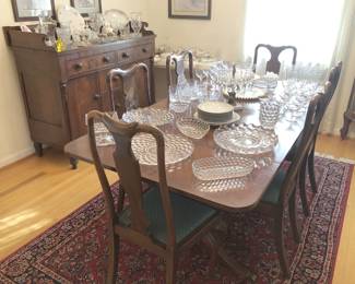 Beautiful Antique circa 1840 Buffet. Vintage Dining Room Table With 6 Chairs, Fostoria American Pieces.