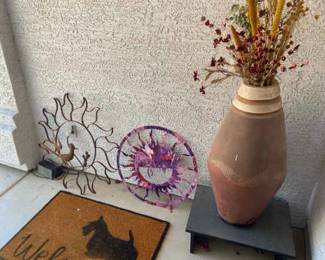 Two Iron Hanging Decor Pieces A Large Ceramic Planter And More