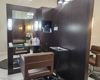 Black stations. There are 2 stations that create 8 seperate styling areas. We have a salon guy that can take apart and place at your establishment. You pay cost for disassemble. Make offer