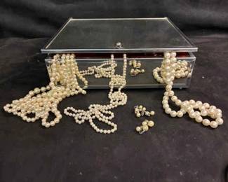 Mirrored Jewelry Box And Faux Pearl Necklaces And Earrings