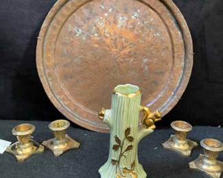 Brass Tray With Candle Holders And 22K Gold Painted Bud Vase
