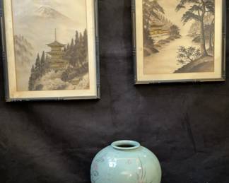 Asian Needlepoint on Silk and Porcelain Vase