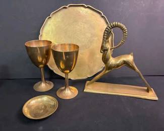 Brass Etched Tray Antelope And Cups