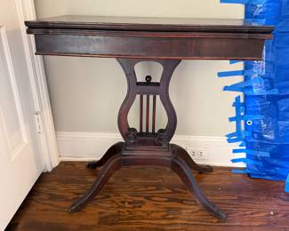 #14 Antique harp game table 29.5x15-30"x30 $125.00