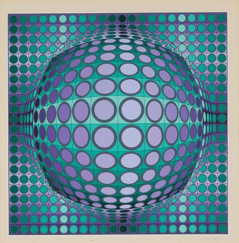 1001
Victor Vasarely
1906-1997
"Viva," circa 1970
Screenprint in colors on paper
Edition: 265/275
Signed and numbered in pencil in the lower margin: Vasarely
Image: 24" H x 24" W; Sight: 26" H x 26" W
Estimate: $500 - $700