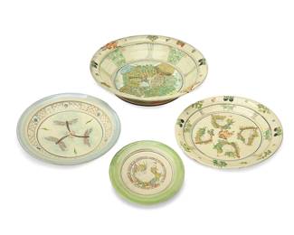 1036
Maureen Minchin (b. 1954)
A group of pottery plates and bowls, late 20th/early21st century
Each unmarked
The glazed earthenware items, two with fruit in relief at rim, comprising a large fruit bowl with central painted scene of a woman tending an edible garden, a large plate/bowl depicting dragonfly motifs, another plate/bowl depicting geese and a hare, and a small plate depicting a goose amidst a garden scene
4 pieces
Largest: 3.625" H x 18.375" Dia.; Smallest: 1" H x 8.5" Dia.
Estimate: $500 - $700