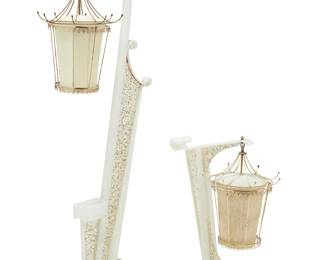 1291
Mid-20th century
A Moss Lamp Co. Lucite floor and table lamp
Each angular acrylic and base with embedded silver-toned accents, issuing a hanging Asian-inspired gold-toned metal lantern with a single light, comprising a floor lamp with cloth shade and conforming table lamp with fibrous shade, electrified
2 pieces
Floor: 61.5" H x 24.5" W x 14.5" D; Table: 29" H x 24.5" W x 14.5" D
Estimate: $300 - $500