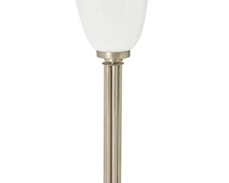 1051
In the manner of Pierre Fargette (20th century)
An Art Deco-style table lamp, late 20th century
Unmarked
The single-light lamp with a tiered metal base and bundled pole standard, surmounted by a milky glass shade, electrified
Overall: 22.25" H x 8.125" Dia.
Estimate: $300 - $400