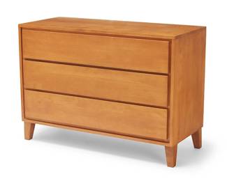 1013
Mid-20th century
A Conant Ball dresser
With burn mark to drawer interior: Conant Ball Furniture Makers [CB cipher]
Designed by Leslie Diamond for Conant Ball, the birch wood three-drawer dresser raised on tapered square feet
30" H x 42" W x 18.5" D
Estimate: $300 - $500